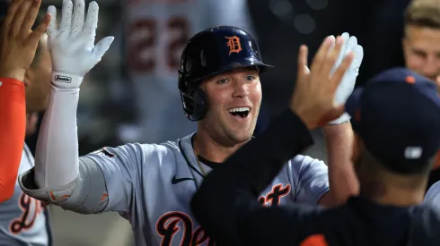 Kerry Carpenter #30 of the Detroit Tigers celebrates a home run with teammates in the dugout during the sixth inning against the Chicago White Sox at Rate Field on June 02, 2025 in Chicago, Illinois.