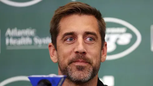 Aaron Rodgers attends an introductory press conference at Atlantic Health Jets Training Center on April 26, 2023 in Florham Park, New Jersey.