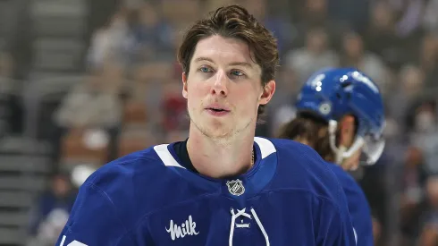 Mitchell Marner #16 of the Toronto Maple Leafs takes a breather against the Montreal Canadiens during the first period in an NHL game at Scotiabank Arena on April 12, 2025 in Toronto, Ontario, Canada.