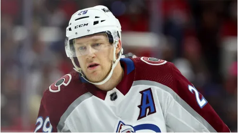 Nathan MacKinnon #29 of the Colorado Avalanche looks on during the first period of the game against the Carolina Hurricanes at PNC Arena on February 08, 2024 in Raleigh, North Carolina.