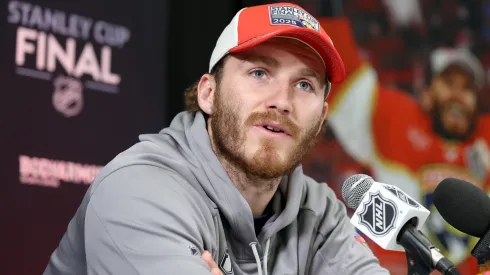 Matthew Tkachuk #19 of the Florida Panthers speaks during Media Day prior to the 2025 Stanley Cup Final against the Edmonton Oilers at Rogers Place on June 03, 2025 in Edmonton, Alberta.