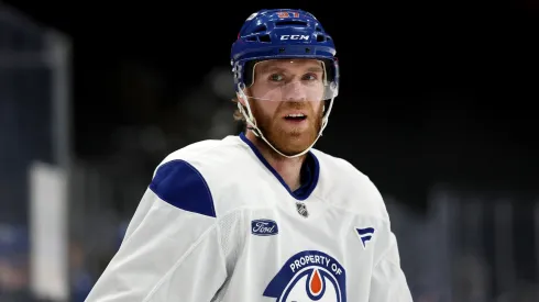 Connor McDavid #97 of the Edmonton Oilers looks on during practice prior to the 2025 Stanley Cup Final against the Florida Panthers at Rogers Place on June 03, 2025 in Edmonton, Alberta.