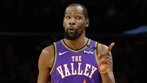 Kevin Durant #35 of the Phoenix Suns reacts after the Suns scored during the second half of the NBA game against the Sacramento Kings at PHX Arena on March 14, 2025 in Phoenix, Arizona.