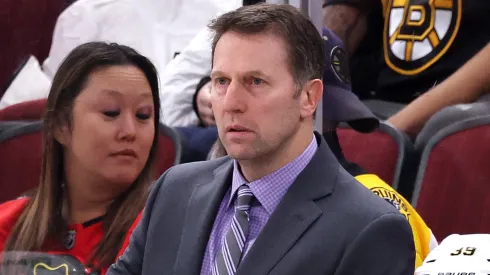 Interim Head Coach Joe Sacco of the Boston Bruins looks on against the Chicago Blackhawks during the third period at the United Center on December 04, 2024 in Chicago, Illinois.