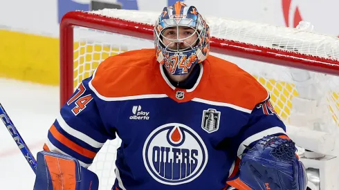 Stuart Skinner #74 of the Edmonton Oilers tends net against the Florida Panthers in Game One of the 2025 Stanley Cup Final at Rogers Place on June 04, 2025 in Edmonton, Alberta, Canada.