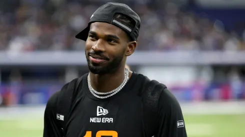Shedeur Sanders #QB13 of Colorado looks on during the NFL Scouting Combine at Lucas Oil Stadium on March 01, 2025 in Indianapolis, Indiana.