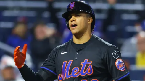 Juan Soto #22 of the New York Mets reacts after striking out looking in the sixth inning against the Los Angeles Dodgers at Citi Field on May 23, 2025 in New York City.