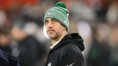 Aaron Rodgers #8 of the New York Jets looks on prior to playing the Cleveland Browns at Cleveland Browns Stadium on December 28, 2023 in Cleveland, Ohio.