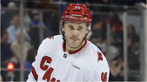 Mikko Rantanen #96 of the Carolina Hurricanes in action during the game against the New York Rangers at Madison Square Garden on January 28, 2025 in New York City.
