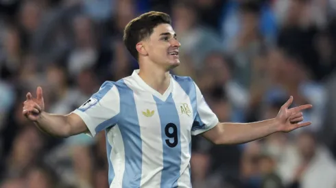 Julian Alvarez of Argentina celebrates after scoring the team's first goal during the South of American FIFA World Cup 2026 Qualifier between Argentina and Brazil at Estadio Más Monumental Antonio Vespucio Liberti on March 25, 2025 in Buenos Aires, Argentina.