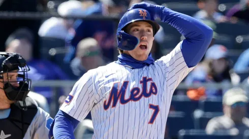 Brett Baty #7 of the New York Mets reacts after striking out during the fifth inning against the Miami Marlins at Citi Field on April 09, 2025 in New York City.