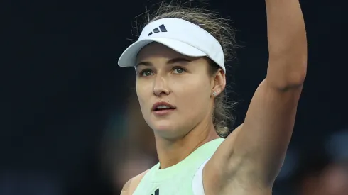 Anna Kalinskaya celebrates winning match point during their fourth round singles match against Jasmine Paolini of Italy during the 2024 Australian Open.