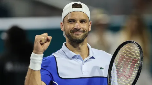 Grigor Dimitrov of Bulgaria reacts after his win against Alexander Zverev of Germany after the Men's semifinal at Hard Rock Stadium on March 29, 2024.