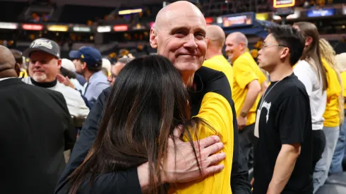 Head coach Rick Carlisle of the Indiana Pacers and his wife Donna Nobile celebrate the 125-108 win against the New York Knicks in Game Six of the Eastern Conference Finals of the 2025 NBA Playoffs at Gainbridge Fieldhouse on May 31, 2025 in Indianapolis, Indiana.