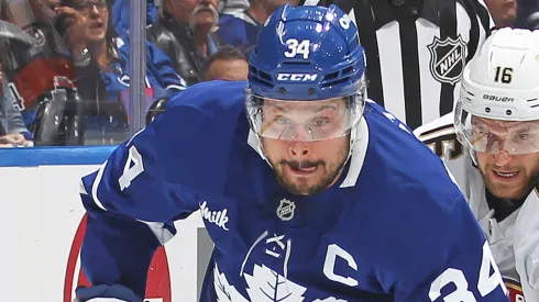 Auston Matthews #34 of the Toronto Maple Leafs  skates during the second period in Game Five of the Second Round of the 2025 Stanley Cup Playoffs.
