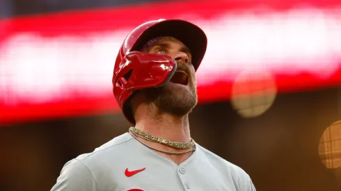 Bryce Harper #3 of the Philadelphia Phillies screams after flying out in the fourth inning against the Colorado Rockies at Coors Field on May 21, 2025 in Denver, Colorado.