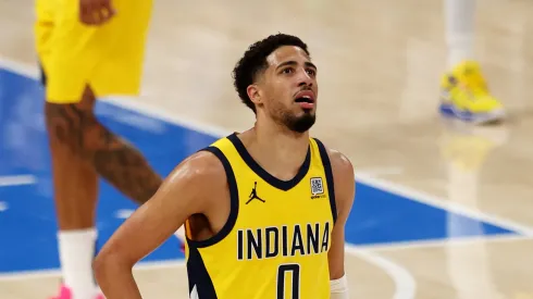 Tyrese Haliburton #0 of the Indiana Pacers reacts during the second quarter against the Oklahoma City Thunder during the second quarter in Game One of the 2025 NBA Finals