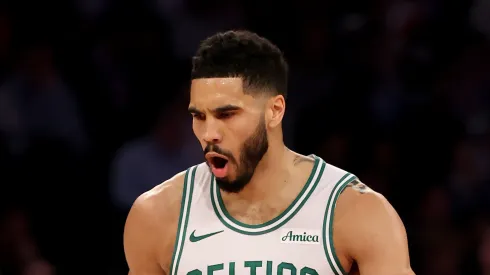 Jayson Tatum #0 of the Boston Celtics celebrates a three point shot in the first half against the New York Knicks in Game Four of the Eastern Conference Second Round NBA Playoffs