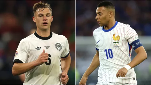 Joshua Kimmich of Germany and Kylian Mbappe of France playing in the UEFA Nations League.