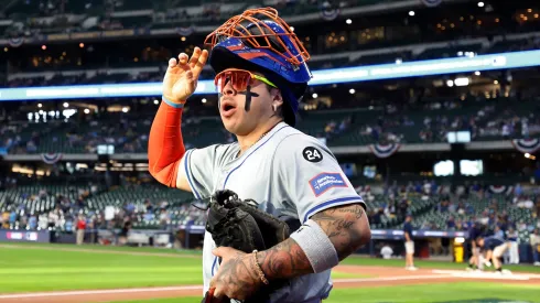 Francisco Alvarez #4 of the New York Mets walks across the field before Game Three of the Wild Card Series against the Milwaukee Brewers at American Family Field on October 03, 2024 in Milwaukee, Wisconsin.