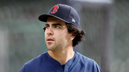 Recently called up prospect Marcelo Mayer #39 of the Boston Red Sox takes batting practice before the game against the Milwaukee Brewers at American Family Field on May 27, 2025 in Milwaukee, Wisconsin.