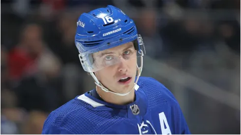 Mitchell Marner #16 of the Toronto Maple Leafs waits for play to resume against the Montreal Canadiens during an NHL game at Scotiabank Arena on October 13, 2021 in Toronto, Ontario, Canada.