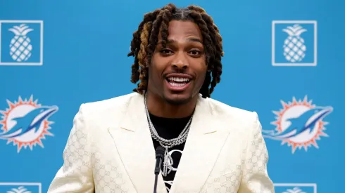Jalen Ramsey of the Miami Dolphins speaks to the media during a press conference where he was introduced at Baptist Health Training Complex on March 16, 2023 in Miami Gardens, Florida.