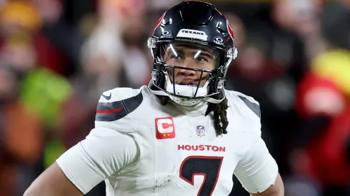 C.J. Stroud #7 of the Houston Texans walks off the field after being sacked against the Kansas City Chiefs during the fourth quarter in the AFC Divisional Playoff at GEHA Field at Arrowhead Stadium on January 18, 2025 in Kansas City, Missouri.