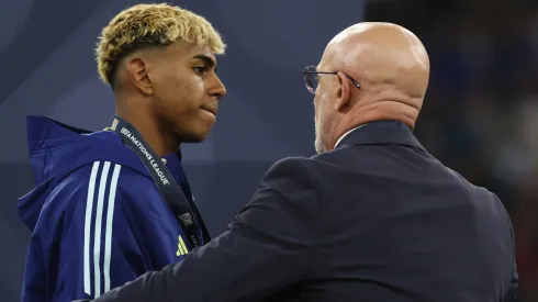 Lamine Yamal of Spain appears dejected as he collects his runners up medal following defeat in the UEFA Nations League 2025 final match between Portugal and Spain at Munich Football Arena on June 08, 2025 in Munich, Germany.