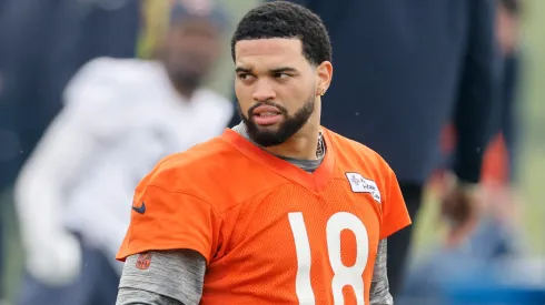 Caleb Williams #18 of the Chicago Bears looks on during Chicago Bears OTA Offseason Workout at Halas Hall on June 04, 2025 in Lake Forest, Illinois.