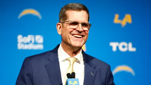 Newly appointed head coach Jim Harbaugh of the Los Angeles Chargers speaks to the media during a press conference at YouTube Theater on February 01, 2024 in Inglewood, California.