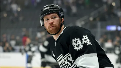 Vladislav Gavrikov #84 of the Los Angeles Kings during warm up before the game against the Buffalo Sabres at Crypto.com Arena on November 20, 2024 in Los Angeles, California. 

