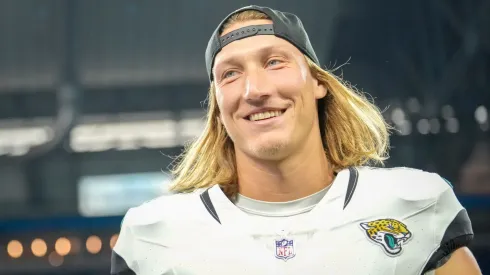 Trevor Lawrence #16 of the Jacksonville Jaguars smiles after the preseason game against the Detroit Lions at Ford Field on August 19, 2023 in Detroit, Michigan.