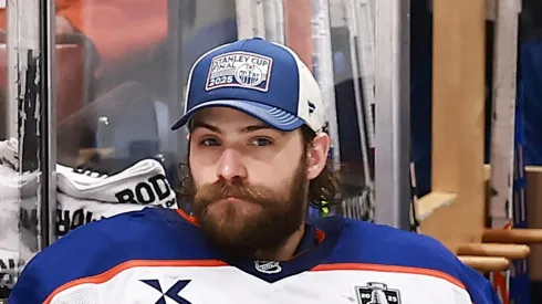 Stuart Skinner #74 of the Edmonton Oilers looks on after being benched during the third period against the Florida Panthers in Game Three of the 2025 Stanley Cup Final at Amerant Bank Arena on June 09, 2025 in Sunrise, Florida.
