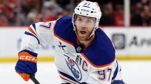 Connor McDavid #97 of the Edmonton Oilers skates with the puck against the Florida Panthers during the first period in Game Three of the 2025 Stanley Cup Final at Amerant Bank Arena on June 09, 2025 in Sunrise, Florida.