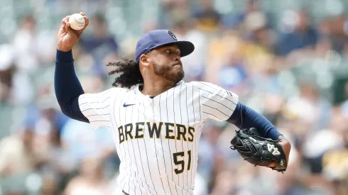 Freddy Peralta #51 of the Milwaukee Brewers throws a pitch in the first inning against the San Diego Padres at American Family Field on June 08, 2025 in Milwaukee, Wisconsin.