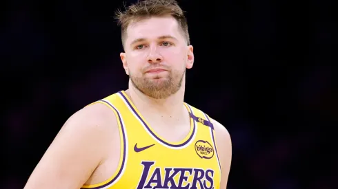 Luka Doncic #77 of the Los Angeles Lakers dribbles during a 103-96 loss to the Minnesota Timberwolves in Game Five of the Western Conference First Round NBA Playoffs at Crypto.com Arena on April 30, 2025 in Los Angeles, California.