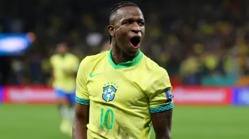 Vinicius Junior of Brazil celebrates after scoring the team's first goal during the FIFA World Cup 2026 South American Qualifier between Brazil and Paraguay at Neo Quimica Arena on June 10, 2025 in Sao Paulo, Brazil.