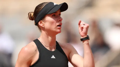 Elina Svitolina of Ukraine celebrates a point against Jasmine Paolini of Italy during the French Open.