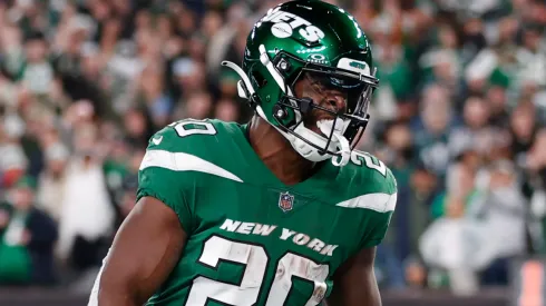 Breece Hall #20 of the New York Jets celebrates a touchdown during the fourth quarter in the game against the Philadelphia Eagles at MetLife Stadium on October 15, 2023 in East Rutherford, New Jersey.