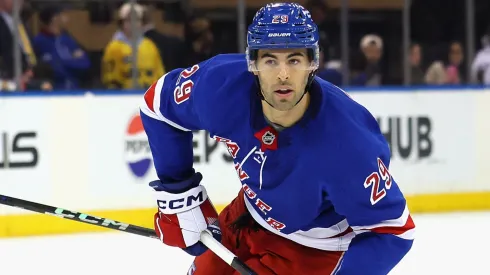 Matthew Robertson #29 of the New York Rangers skates against the Tampa Bay Lightning at Madison Square Garden on April 17, 2025 in New York City.