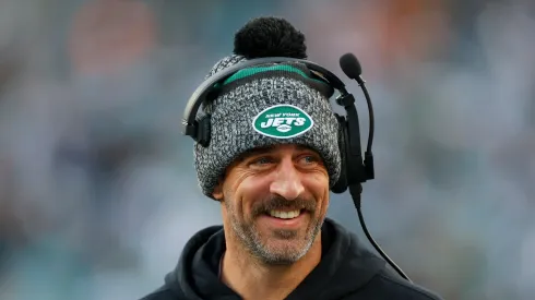 Aaron Rodgers #8 of the New York Jets looks on from the sideline prior to the game against the Miami Dolphins at MetLife Stadium on November 24, 2023 in East Rutherford, New Jersey.