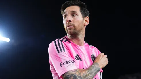 Lionel Messi #10 of Inter Miami CF reacts after the team's victory in the MLS match between Inter Miami CF and Columbus Crew.