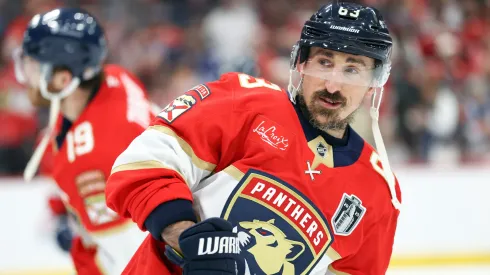 Brad Marchand #63 of the Florida Panthers warms up before a game against the before playing the Edmonton Oilers in Game Four of the 2025 Stanley Cup Final at Amerant Bank Arena on June 12, 2025 in Sunrise, Florida.