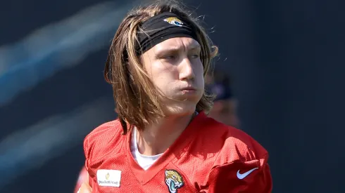 Trevor Lawrence #16 of the Jacksonville Jaguars participates in drills during Jacksonville Jaguars Mandatory Minicamp at TIAA Bank Field on June 15, 2021 in Jacksonville, Florida.