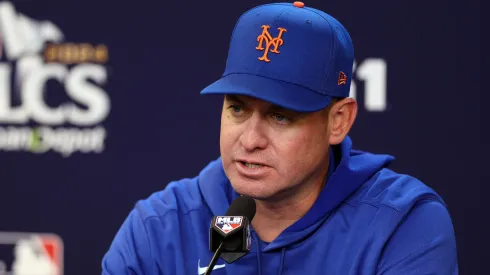 Manager Carlos Mendoza #64 of the New York Mets speaks to the media prior to Game Four of the National League Championship Series against the Los Angeles Dodgers at Citi Field on October 17, 2024 in New York City.