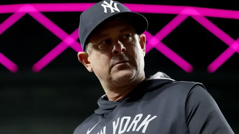 Manager Aaron Boone #17 of the New York Yankees is thrown out of the game during the ninth inning against the Seattle Marinersat T-Mobile Park on May 13, 2025 in Seattle, Washington.