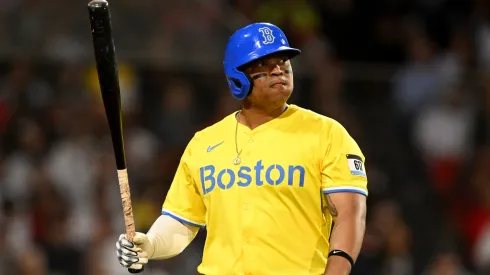 Rafael Devers #11 of the Boston Red Sox walks off the field after striking out against the New York Yankees during the fifth inning at Fenway Park on June 14, 2025 in Boston, Massachusetts.