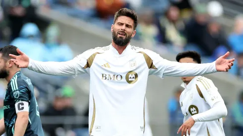 Olivier Giroud #9 of Los Angeles FC reacts against the Seattle Sounders at Lumen Field
