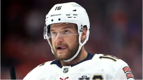 Aleksander Barkov #16 of the Florida Panthers looks on against the Edmonton Oilers during the first period in Game Two of the 2025 Stanley Cup Final at Rogers Place on June 06, 2025 in Edmonton, Alberta, Canada.